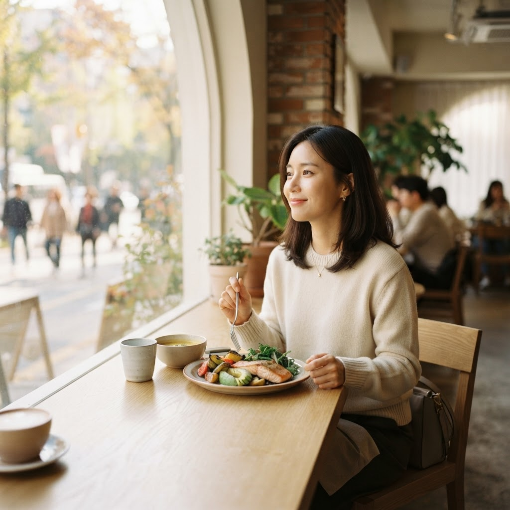 창가에서 혼자 여유롭게 점심을 즐기는 셀러