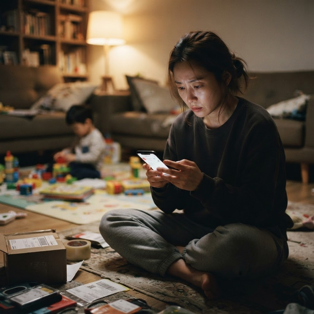 아이가 혼자 노는 동안 스마트폰으로 주문을 확인하는 부모